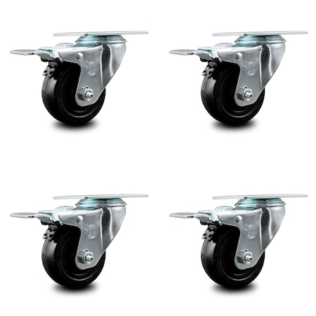 Service Caster 3.5 Inch Hard Rubber Wheel Swivel Top Plate Caster Set with Total Lock Brake SCC SCC-TTL20S3514-HRS-4